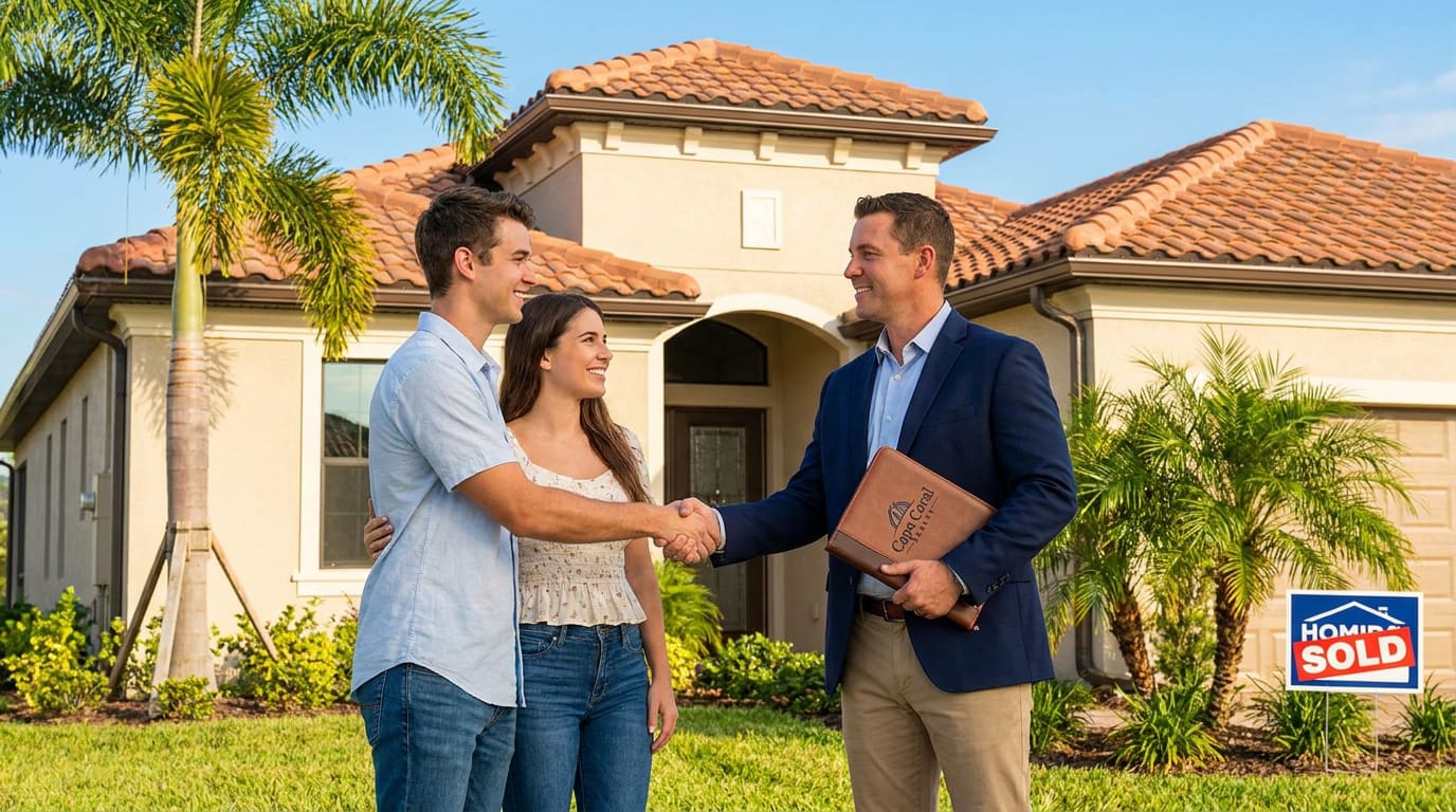 Buyers shaking hands with their agent outside a new construction home in Cape Coral after negotiating builder incentives