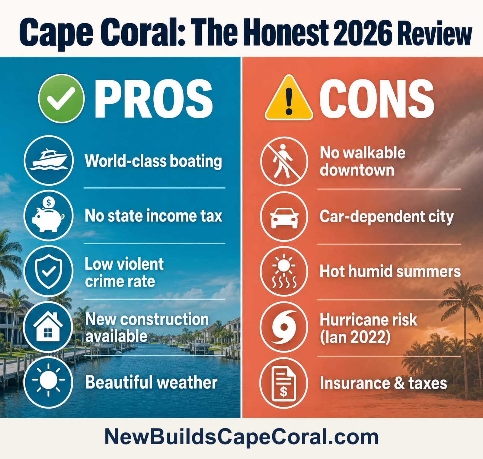 Cape Coral pros and cons at a glance: world-class boating, no state income tax, low violent crime, and abundant new construction — against no walkable downtown, car dependence, hot humid summers, and hurricane and insurance considerations