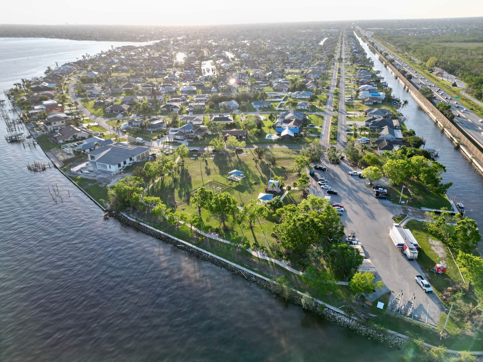 Aerial of a growing Cape Coral residential corridor along the river