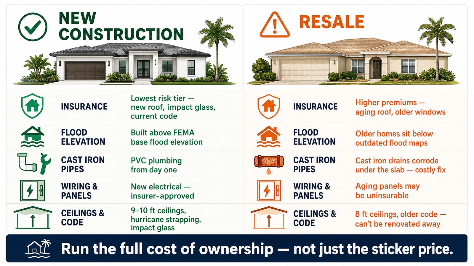 New construction vs resale in Cape Coral: insurance, flood elevation, cast iron pipes, wiring and panels, and ceilings and code compared — run the full cost of ownership, not just the sticker price